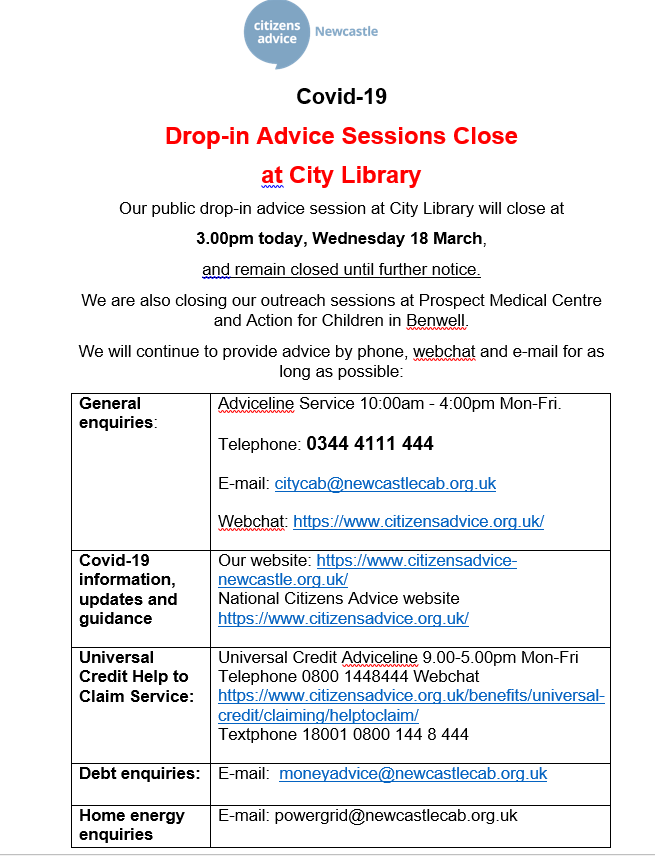 Corona Virus Update News Citizens Advice Newcastle